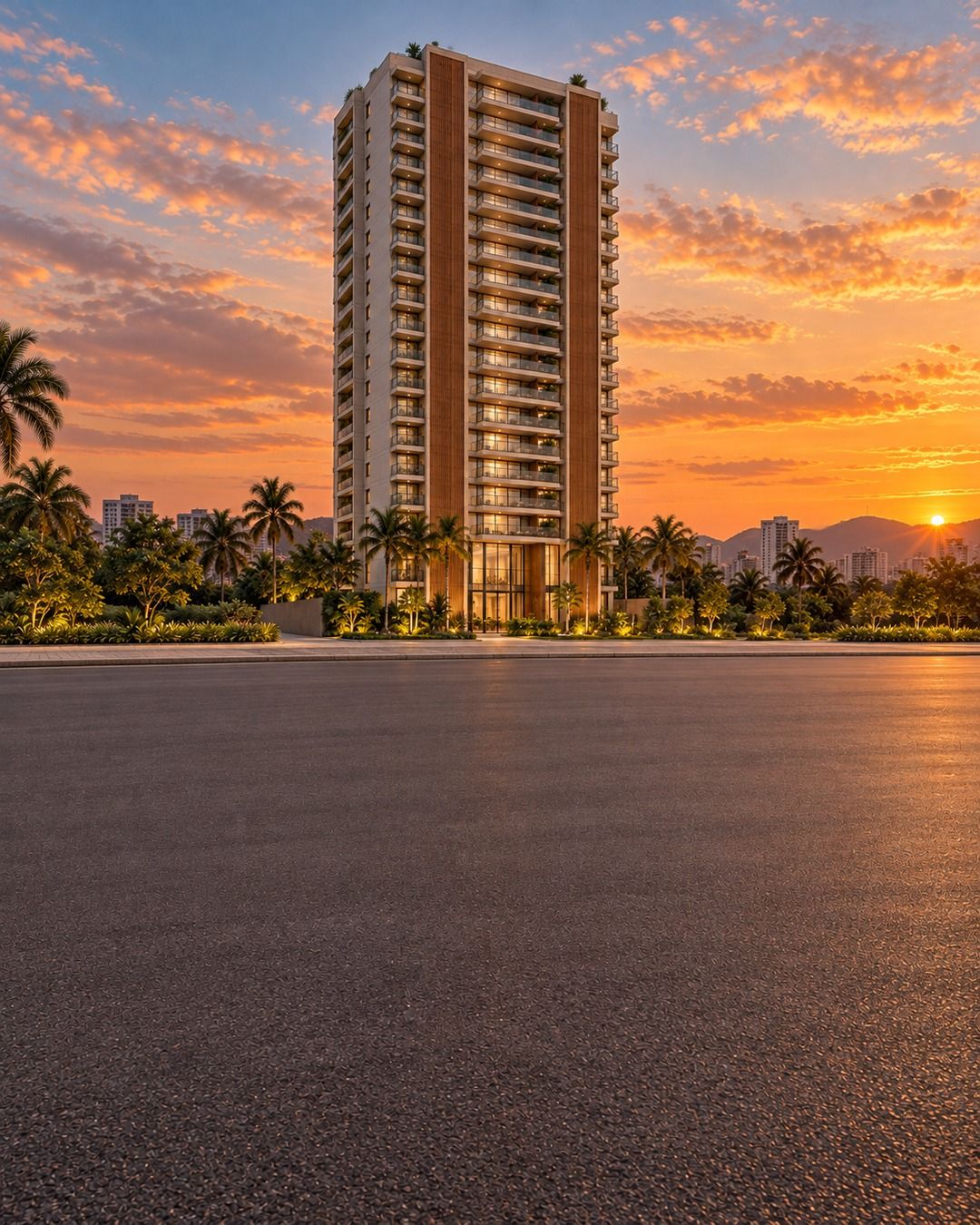 Fachada do Residencial Horizonte ao entardecer